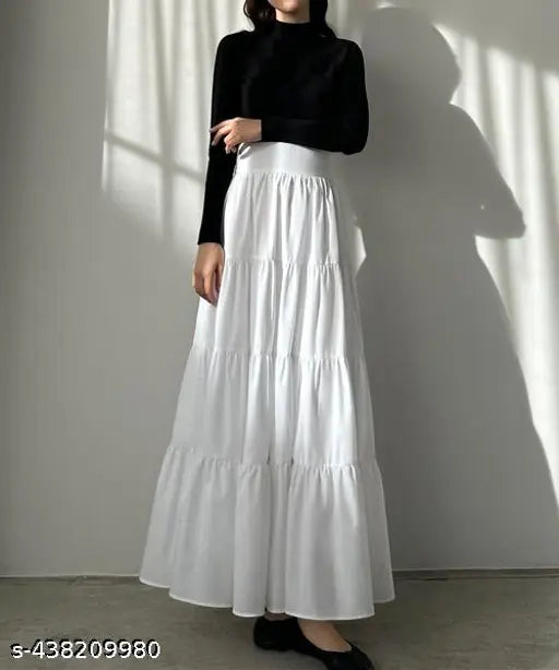 Stylish white long ruffle skirt