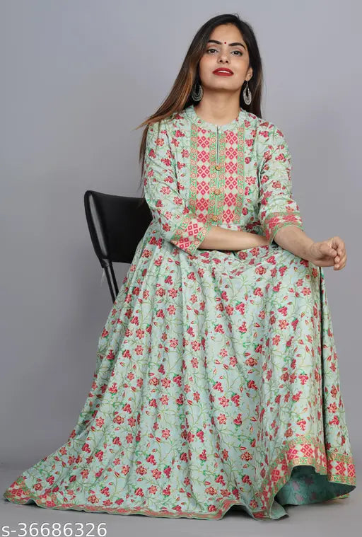 CGREEN Rayon Women's Printed Flared Kurta, three-quarter sleeves, ideal for festive and party wear