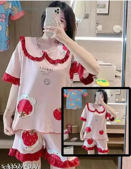 Acrylic night dress t-shirt and shorts set, printed design for best quality sleepwear in M, L, XL, XXL sizes (India)