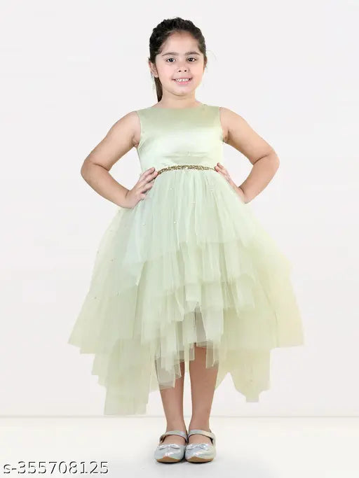 Military green embellished net gown dress, sleeveless hi-low style for kid girls party wear (1-12 years), India origin