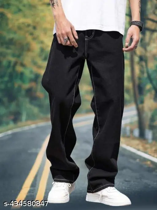 Men's premium cotton baggy pants, black, elastic waistband