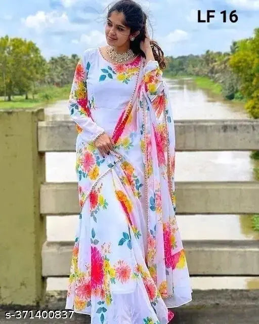 Women's Printed Rayon Anarkali Set with Dupatta - Georgette, 3/4 sleeves, Gold print pattern, perfect for special events