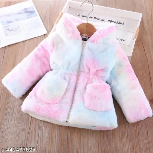 Purple and white faux fur coat with hood, front pockets, and zip closure