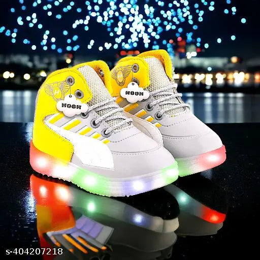 Yellow and grey patent leather LED light shoes for kids up to 12 years old. Bold, comfortable, and stylish with color-changing lighting effect