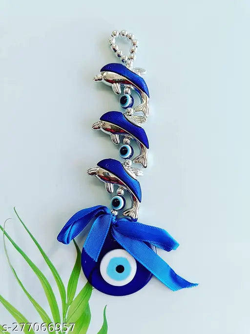 Silver triple fish Feng Shui Evil Eye wall hanging for good luck, prosperity, success, health, wealth - Indian traditional design