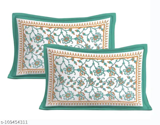 Yellow floral cotton flat sheets & pillow cover set, ideal for summer. Jaipuri cotton bedsheets from India