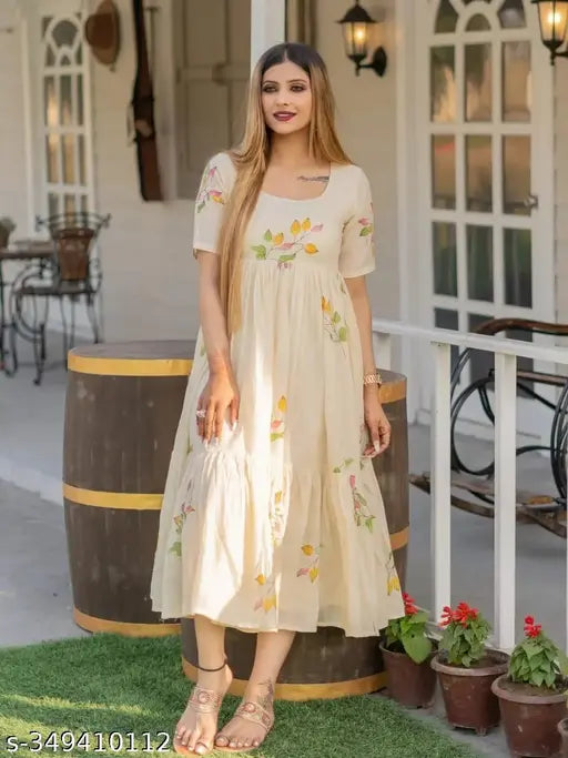 Yellow anarkali printed tunic dress, flared sleeves and hem