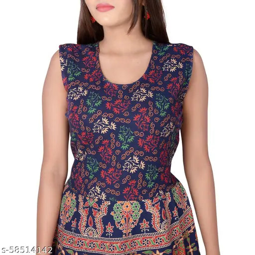 Blue and red patterned cotton midi kurta, short sleeve