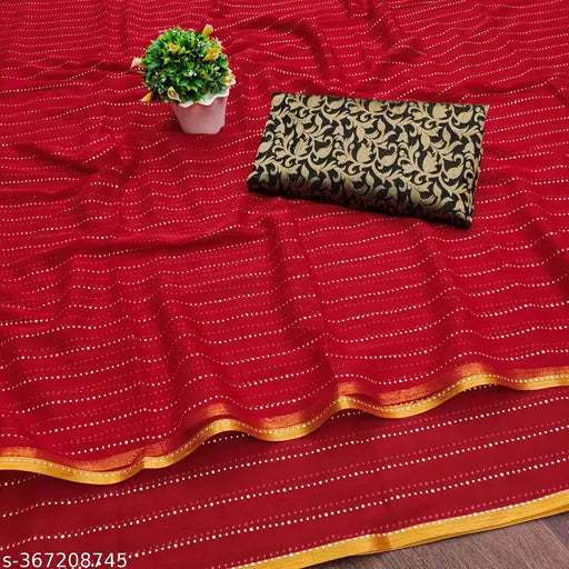 Red jacquard party wear saree with gold foil embellishments, trending chiffon fabric for festive occasions like Diwali and Karwa Chauth