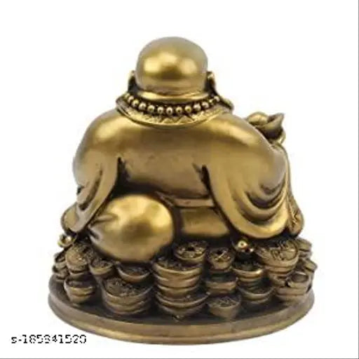 Handmade Laughing Buddha figurine in resin, sitting on Luck Money Coins and carrying a Golden Ingot. Perfect for home decoration or gifting, made in India. (5 inches, Gold, 1 piece)