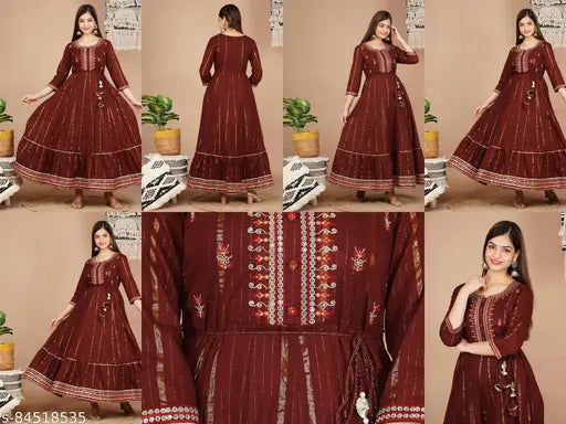 Maroon embroidered cotton blend Anarkali kurta with gotta lace border - Indian traditional wear for functions, festivals, parties, and weddings