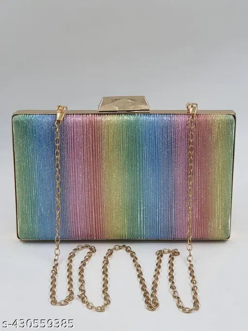 Stylish vintage collection HEXCEL hand wallet/clutch, slim purse, glittery multi-colored material with chain strap