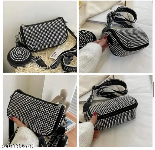 Black and white allover rhinestone mini square handbag with coin purse, perfect for women's purses
