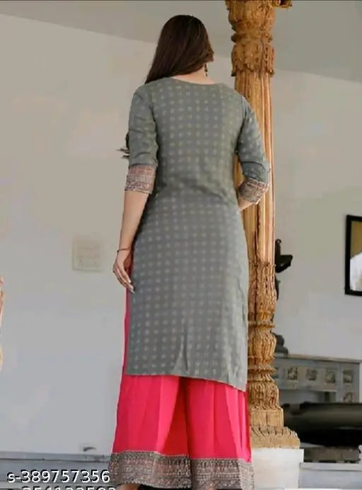 Printed rayon kurti set with dupatta and palazzos, three-quarter sleeves, Indian origin