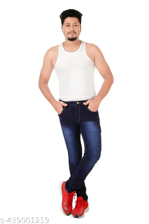 Dark blue stretchable men's denim jeans, regular fit, solid color