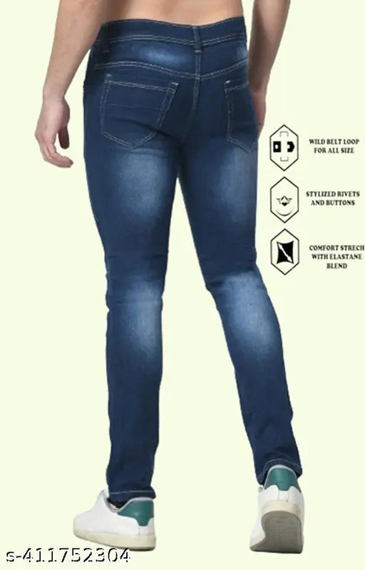 Slim fit cotton blend blue jeans with a rough texture