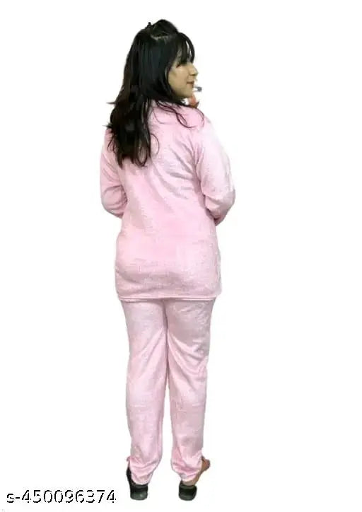 Baby pink women's woolen winter nightsuit with long sleeves, made in India
