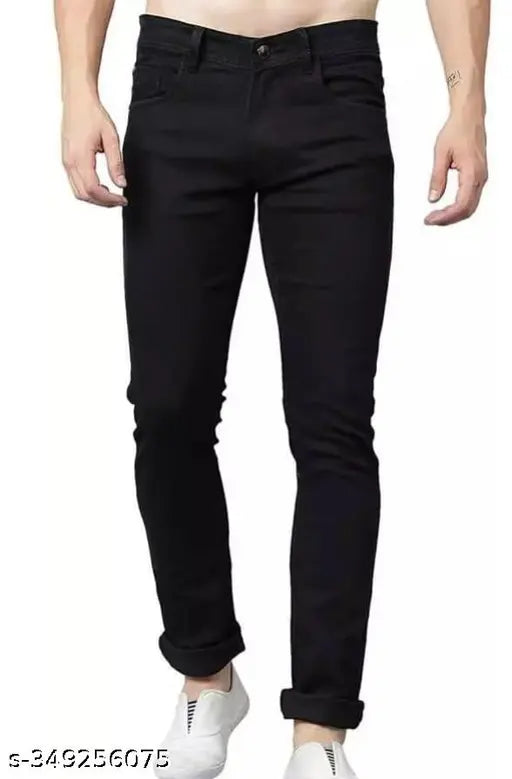 Cotton blend flaying men plain black jeans, size options include 28, 30, and 32