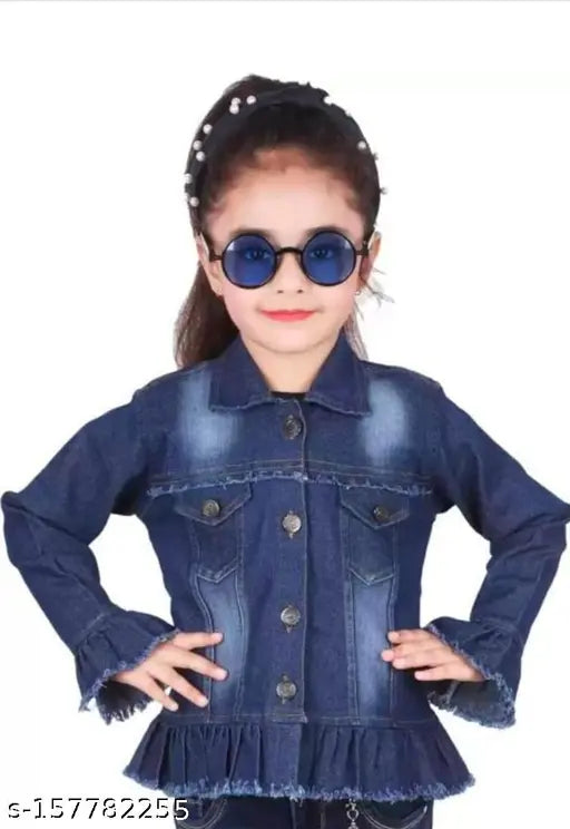 Black denim jacket with fringe detailing, front zip fastening