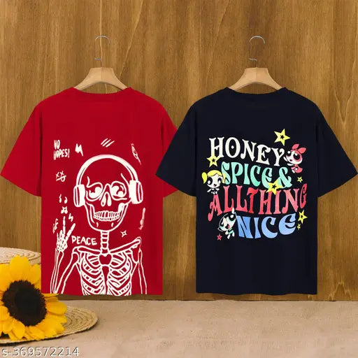 Oversized, loose-fit t-shirts set in a roomy fit combo for women with text reading "HONEY & SPICES ALL ABOUT NICE