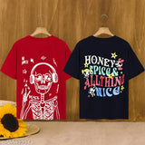 Oversized, loose-fit t-shirts set in a roomy fit combo for women with text reading "HONEY & SPICES ALL ABOUT NICE