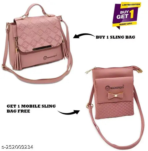 Pink leather sling bag with mobile pouch, buy 1 get 1 free offer