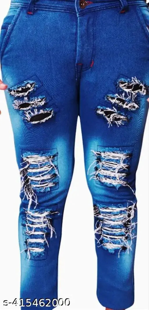 Cotton blend blue dyed/washed glamorous casual jeans for men (size: 26, 28, 30, 32, 34), ruff-look denim pant on hanger