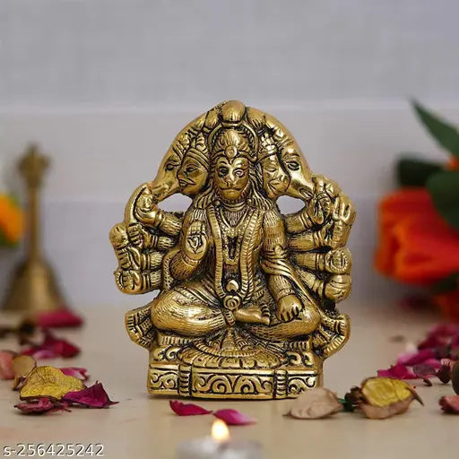 Gold-plated Panchmukhi Hanuman ji Idol, Decorative Showpiece - 14cm (Metal)