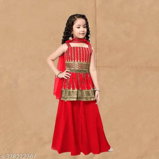 Parrot red crepe kurta set with dupatta and bottomwear - Indian embellished outfits for kids aged 2-11 years