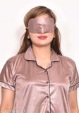 Fashionable satin night suit combo set for women, includes shirt, shorts, pyjama pants, and eye mask, luxury sleepwear from India