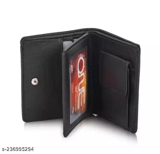 Black PU leather men's minimalist wallet, 2 compartments, 6 card slots for essentials - SAMTROH stylish design from India