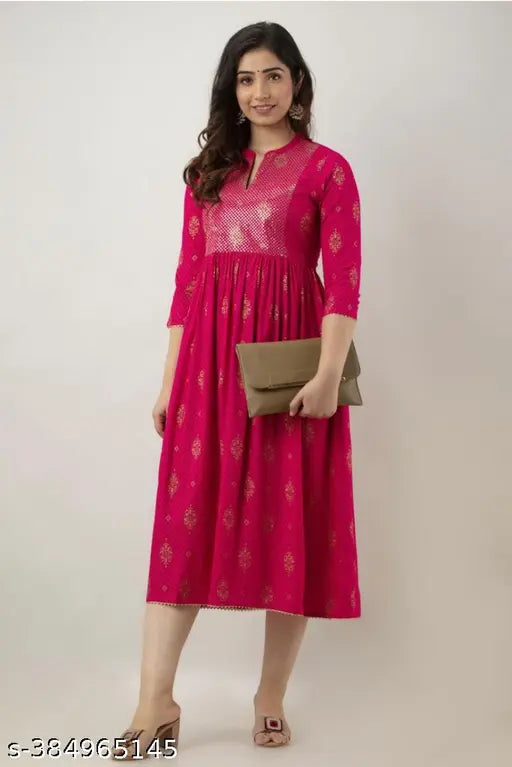 Rayon printed mirror work long kurta with embroidery, Indian festive wear for women