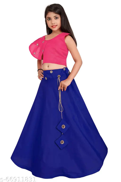 Indi Girls Embellished Lehenga Choli Yellow-Blue Silk Cotton Blend, handcrafted for various ages 2-14 years, suitable for all occasions and ceremonies
