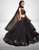 Black velvet and net Lehenga Choli with blouse and dupatta set - embellished top, solid bottom & dupatta. Semi-stitched, un-stitched, and free size options available for this Indian indo-western party wear design