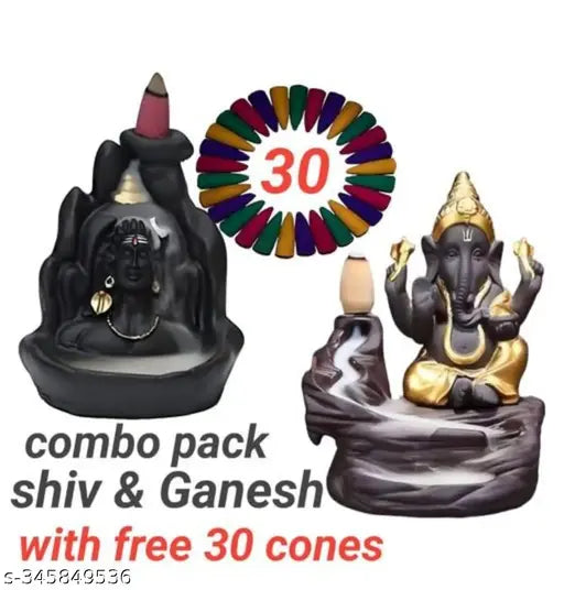 Handcrafted resin Adi Shankara SHIV JI and golden Ganeshji incense holders, Indian decorative showpiece with free 30 back flow incense cones