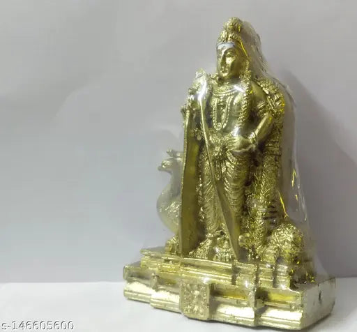 Murugan idol by Rishi crafts: Detailed poly resin figurine covered in gold color, perfect for living room decor or tabletop showpiece