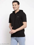Men's black short sleeve solid cotton hooded t-shirt, round neck design, high quality mix of cotton and polyester, available in various sizes (S-XXL)