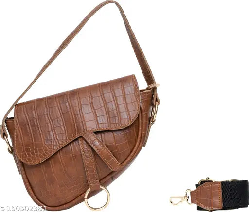Stylish curve shape croco leather sling bag with gold chain closure