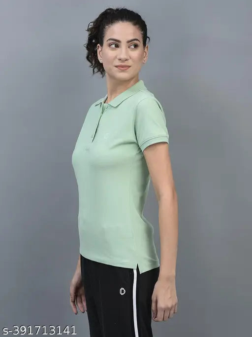 Green cotton blend Dollar Women's Solid Polo Neck T-shirt, short sleeves, stylish logo branding