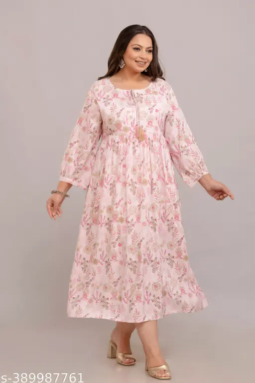 Rayon pink gowns, three-quarter sleeves, printed combo by Fashion Zest - perfect for wedding & party fashion in India