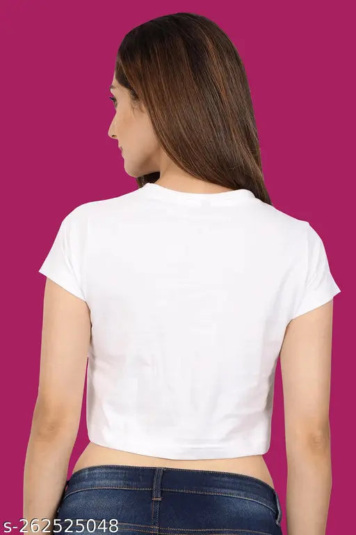 White cotton crop top, round neck, half sleeves, visible back view.