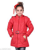 Red puffer coat with hood, zip closure