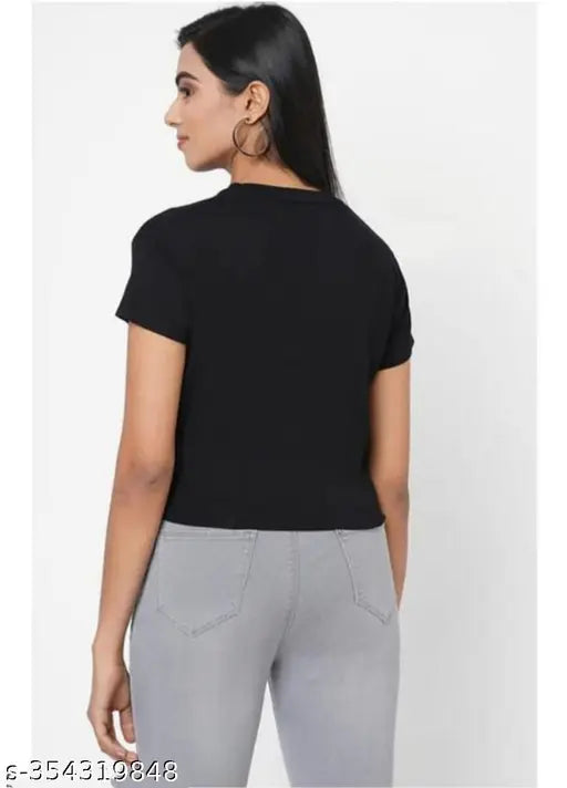 Black lycra crop top with Barbie print, trendy round neck and short sleeves for women's fashion