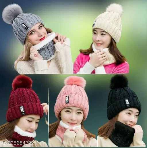 Winter scarf hat set, fashionable and comfortable, wool and faux fur material, warm for ladies, packed in one