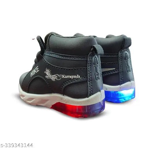 Black velcro running shoes with led light features, mesh upper and pvc sole, trendy design for kids
