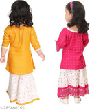 New Rayon Girls Kurta Combo Pack (2 sets), A-line palazzos and skirts, embroidered, 3/4 sleeves. Colorful Indian kids' party wear, various sizes from 0-3 months to 2-3 years