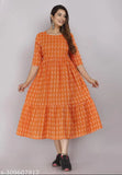 Orange cotton kurta, with flared bottom and long sleeves