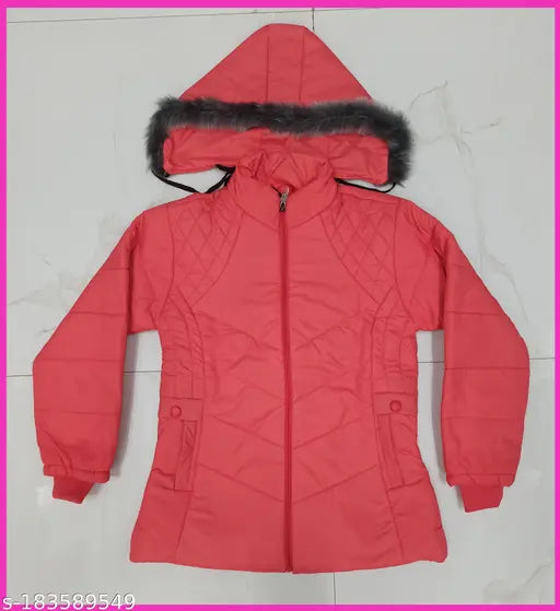 A red coat with a fur hood, zip closure, lined pockets