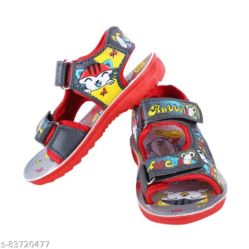 Red and black sandal with cartoon character on strap, designed for both genders