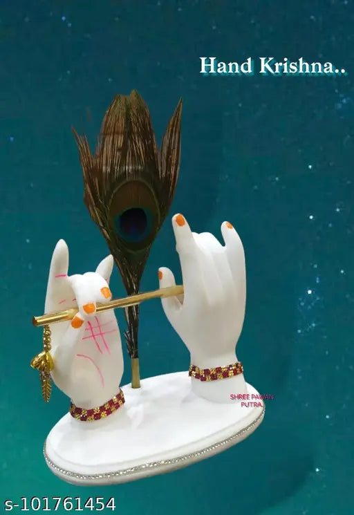 Polyresin Marble-look hand of Lord Krishna holding a bansuri, part of a Morpankh statute, for home decor or table decor, suitable as a birthday gift with a peacock feather